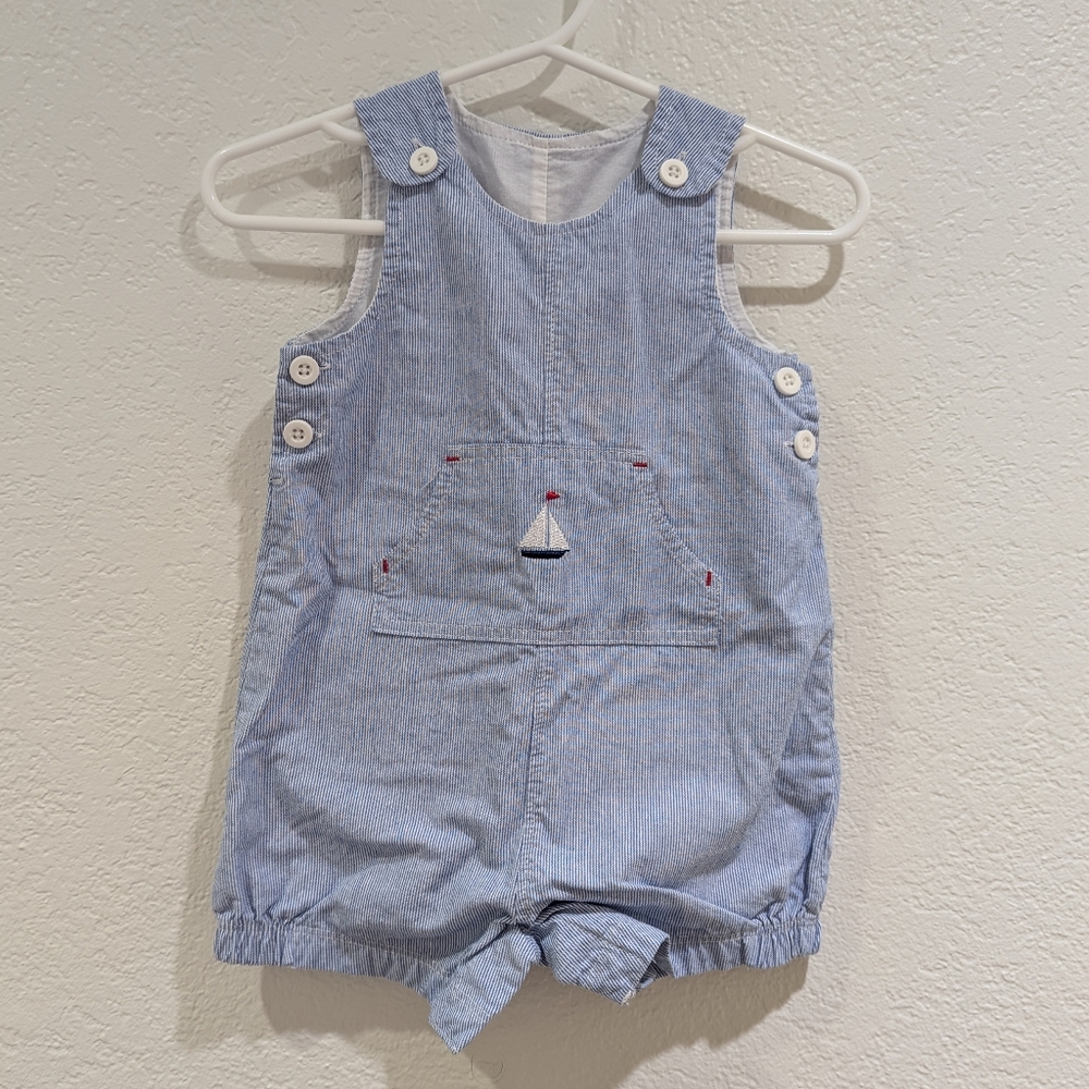Vintage Baby Boy Blue Gingham Romper Overalls Sail Boat Size 6 Months